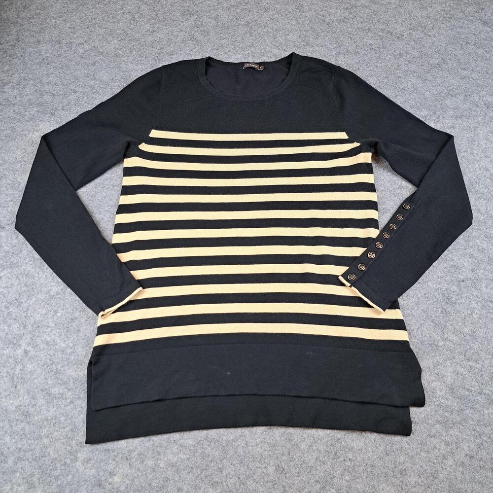 J McLaughlin Sweater Womens Medium Black Stripe Long Sleeve Button Hem Classic